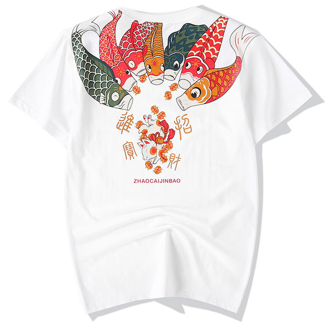 Cyprinus Print 100% Cotton Round Neck Chinese T-shirt