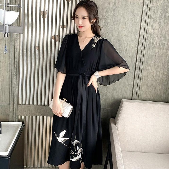 Deep V Neck Cheongsam Top Plus Size Chiffon Midi Dress with Ruffle Sleeves