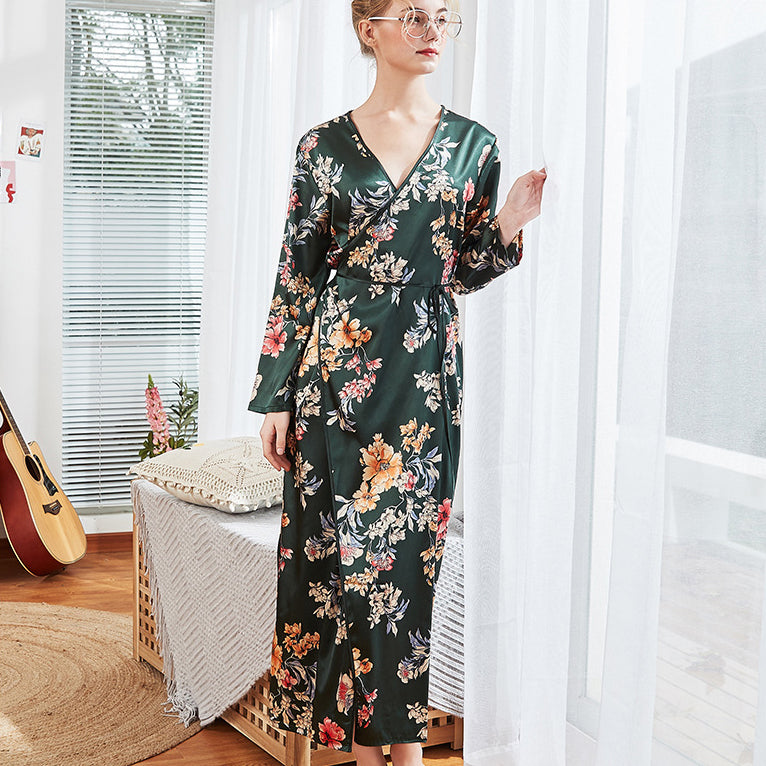 Deep V Neck Long Sleeve Floral Silk Kimono Yukata Sleepwear