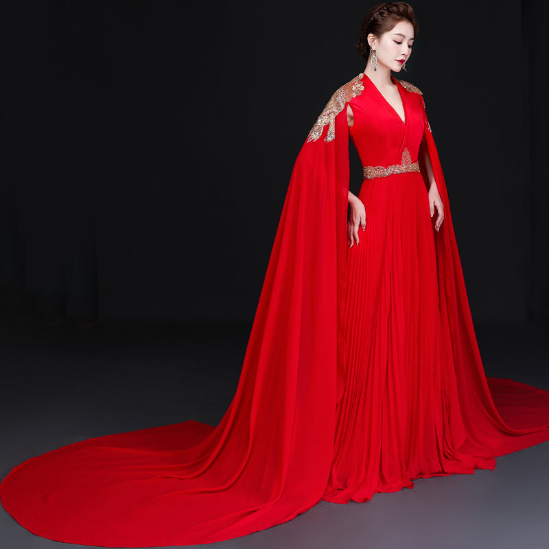 Deep V Neck Pleated Skirt Chinese Prom Dress with Cloak & Chapel Train