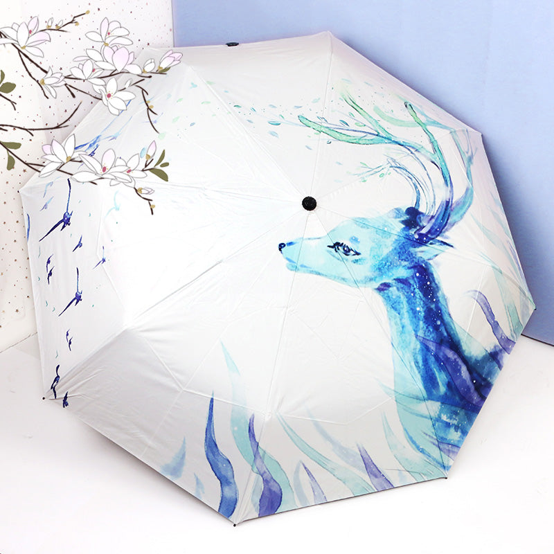 Deer Chinese Ink Painting Oriental Folding Umbrella