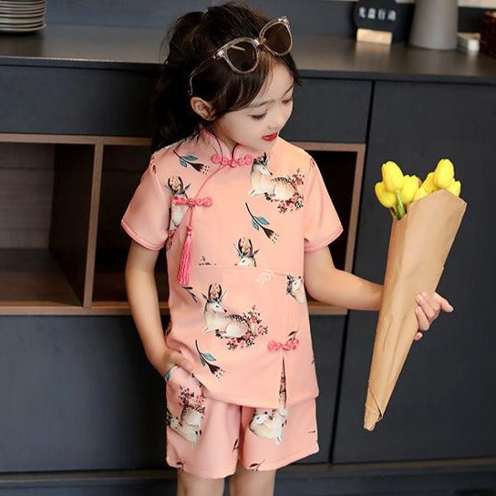 Deer Pattern Cheongsam Top Traditional Girl's Chinese Suit