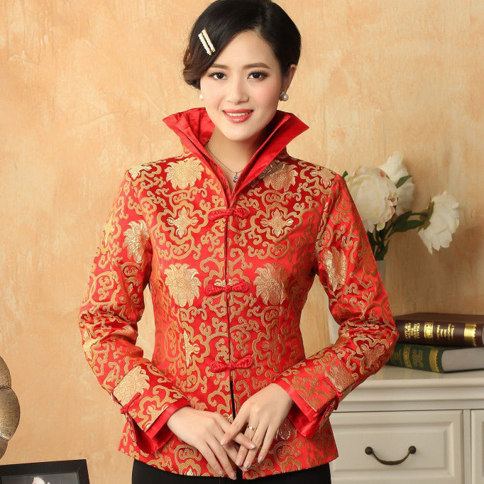 Double Collar V Neck Brocade Chinese Jacket with Strap Buttons