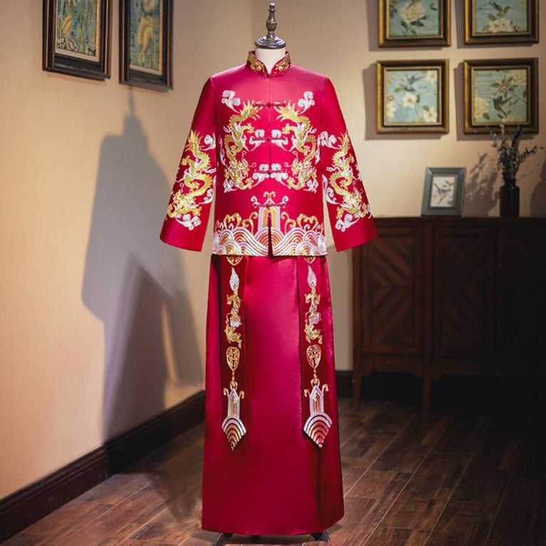 Dragon & Auspicious Embroidery Full Length Retro Chinese Groom Suit