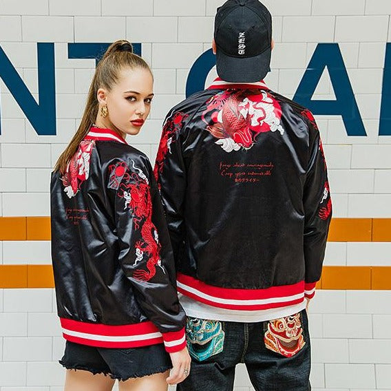 Dragon Embroidery & Carp Print Oriental Baseball Jacket Pilot Jacket