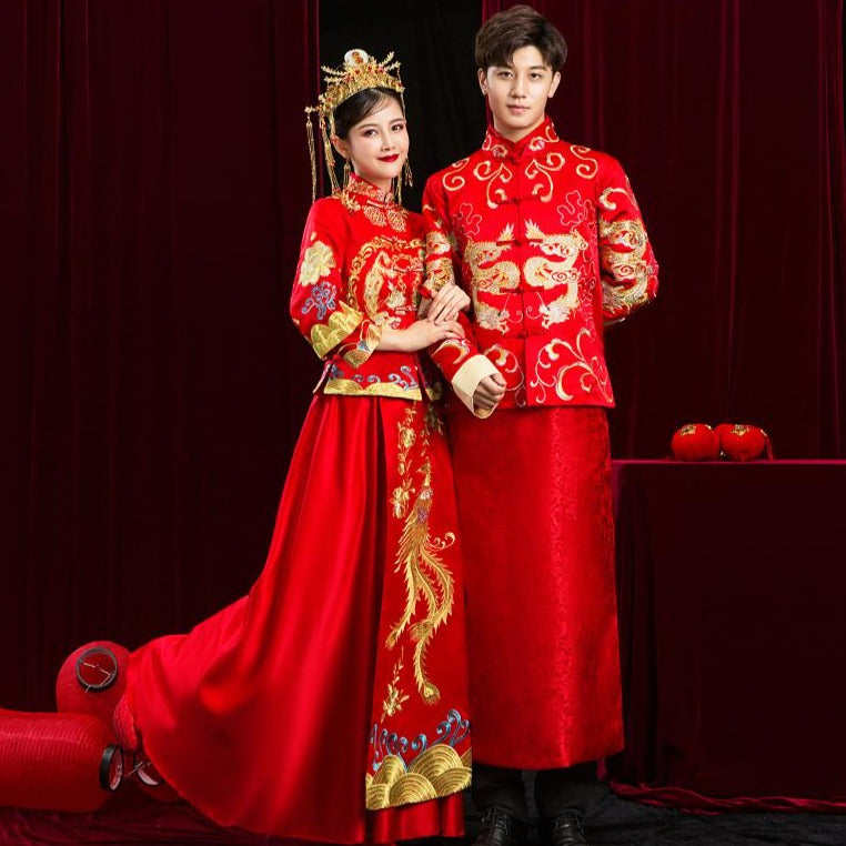 Dragon Embroidery Full Length Traditional Chinese Groom Suit