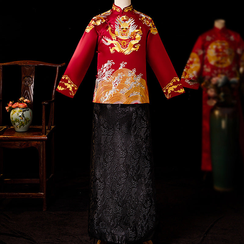 Dragon Embroidery Full Length Traditional Chinese Groom Suit with Strap Buttons