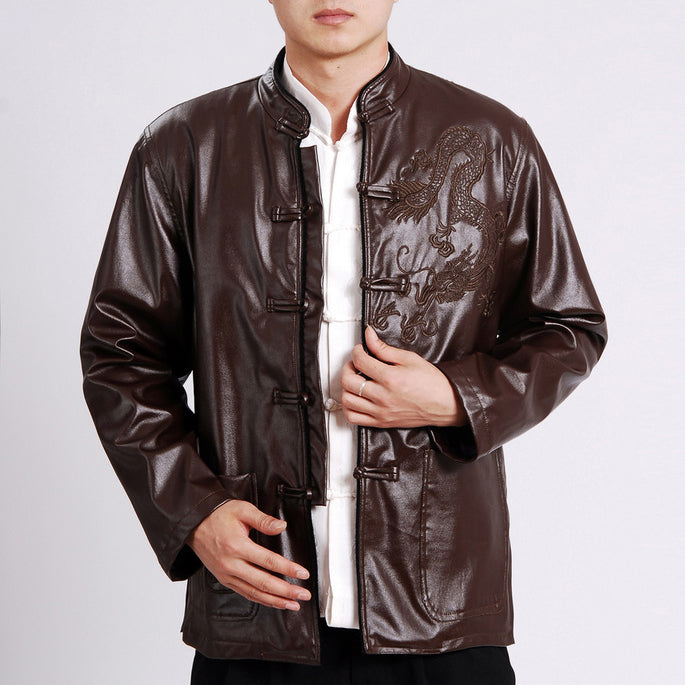 Dragon Embroidery Mandarin Collar Leather Jacket