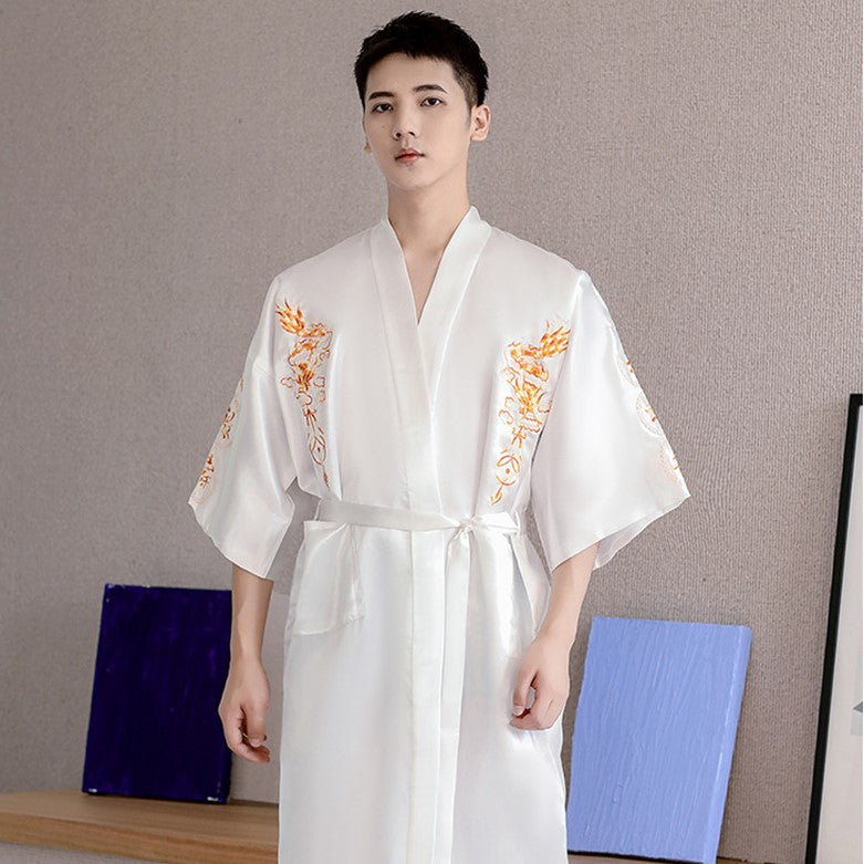 Dragon Embroidery Silk Blend Loungewear Sleepwear Bathrobe