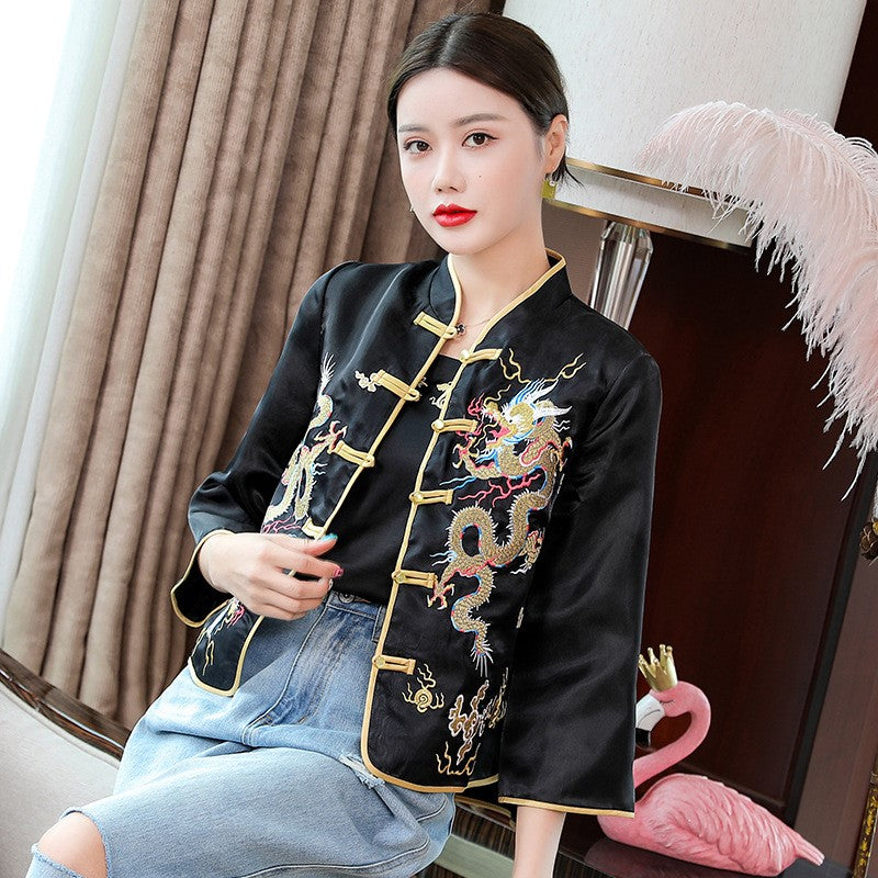 Dragon Embroidery Taffeta Chinese Style Jacket with Strap Buttons