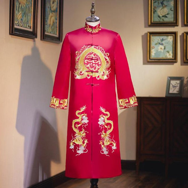 Dragon Embroidery Tea Length Retro Chinese Groom Suit