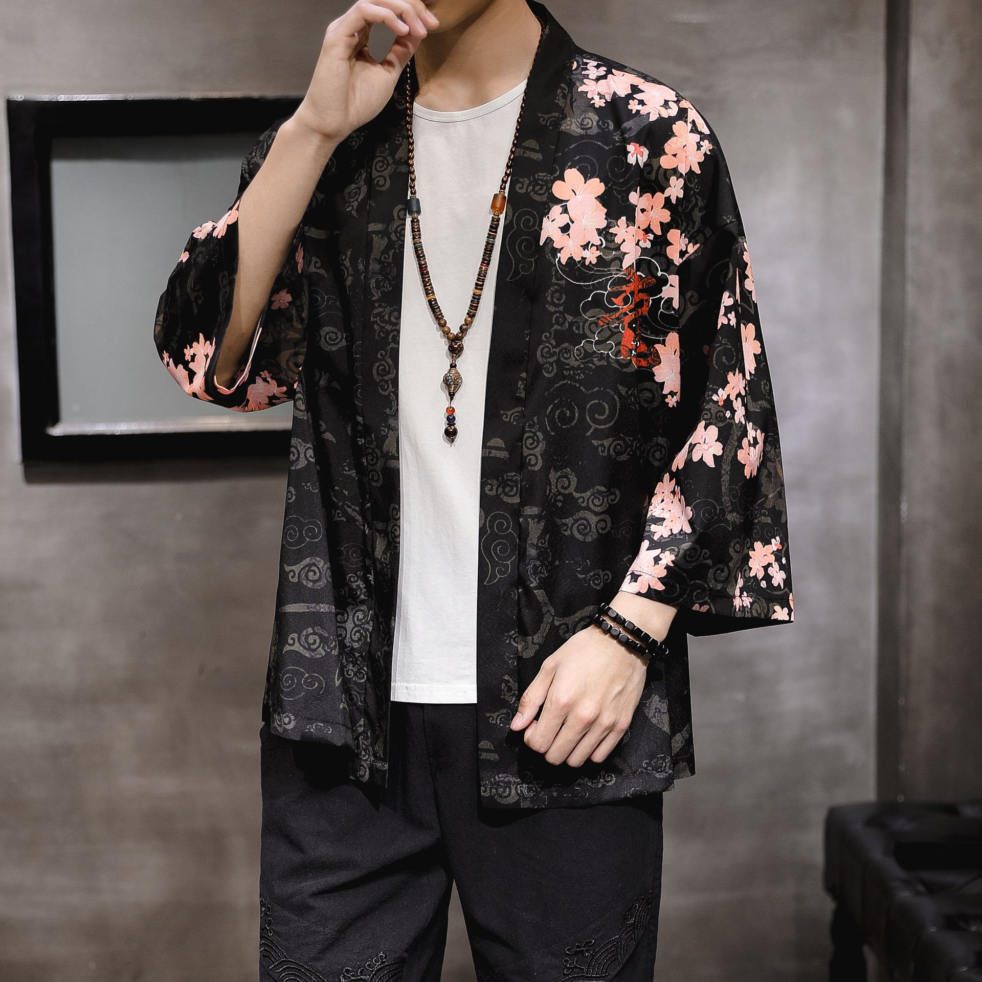 Dragon & Floral Pattern Men's Cardigan Kimono Shirt Samurai Costume