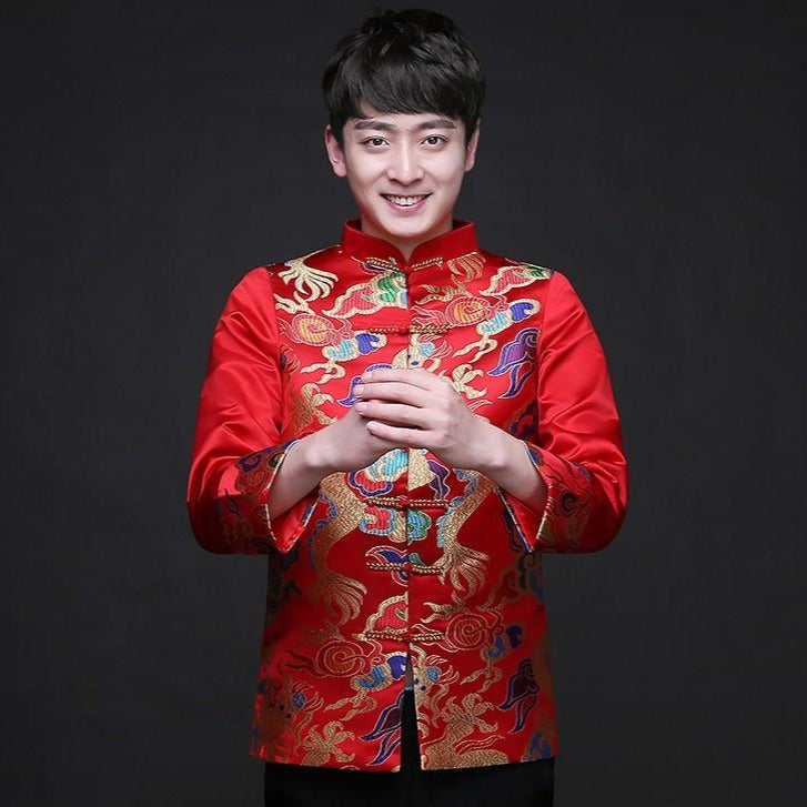 Dragon Pattern Satin Chinese Groom Suit with Strap Buttons