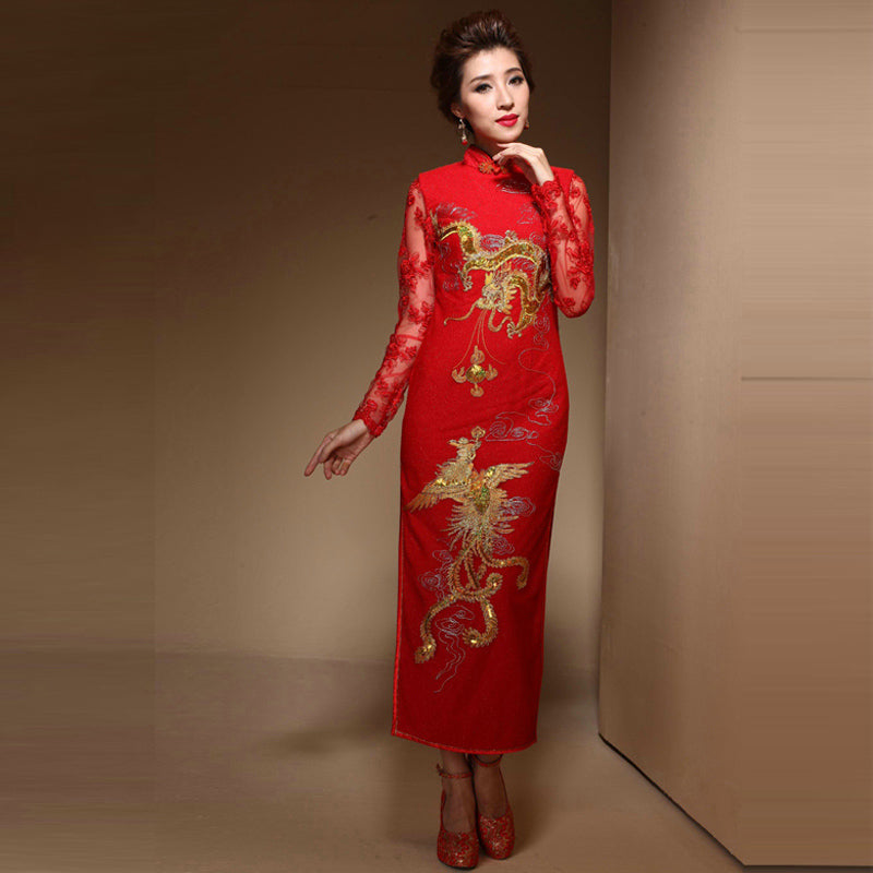 Dragon & Pheonix Appliques Long Sleeve Qipao Wedding Dress