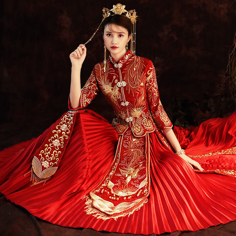 Dragon & Phoenix Embroidery Pleated Skirt Traditional Chinese Wedding Suit