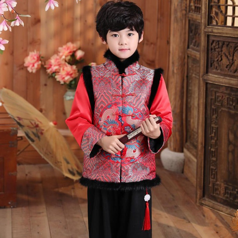 Dragon & Phoenix Pattern Brocade Fur Edge Chinese Style Boy's Wadded Suit