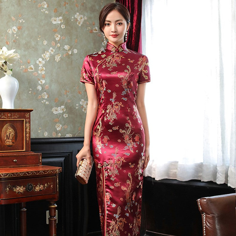 Dragon & Phoenix Pattern Brocade Open Front Classic Cheongsam Chinese Dress