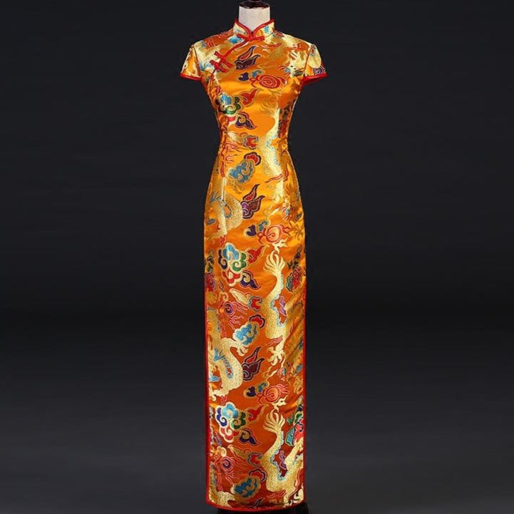 Dragon & Phoenix Pattern Full Length Brocade Cheongsam Evening Dress