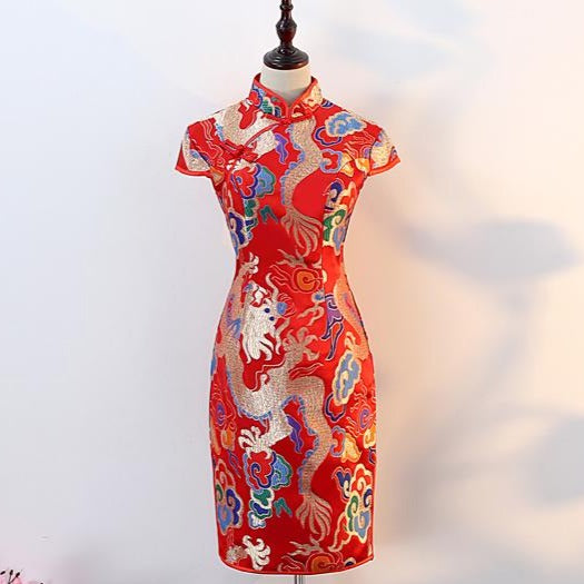 Dragon & Phoenix Pattern Knee Length Brocade Cheongsam Evening Dress