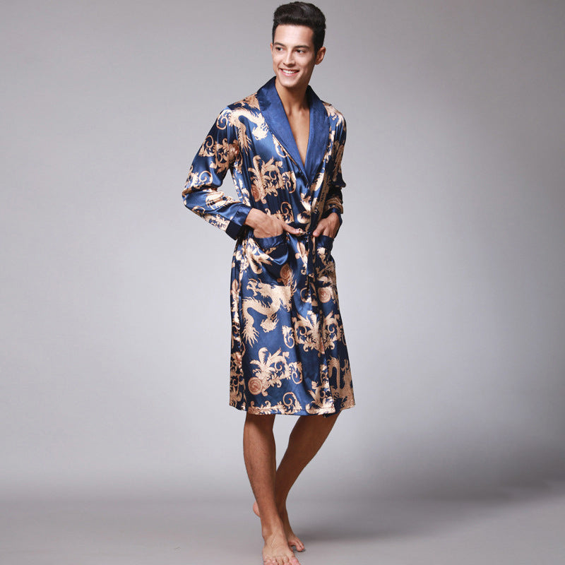 Dragon & Phoenix Pattern Silk Blend Loungewear Sleepwear Bathrobe