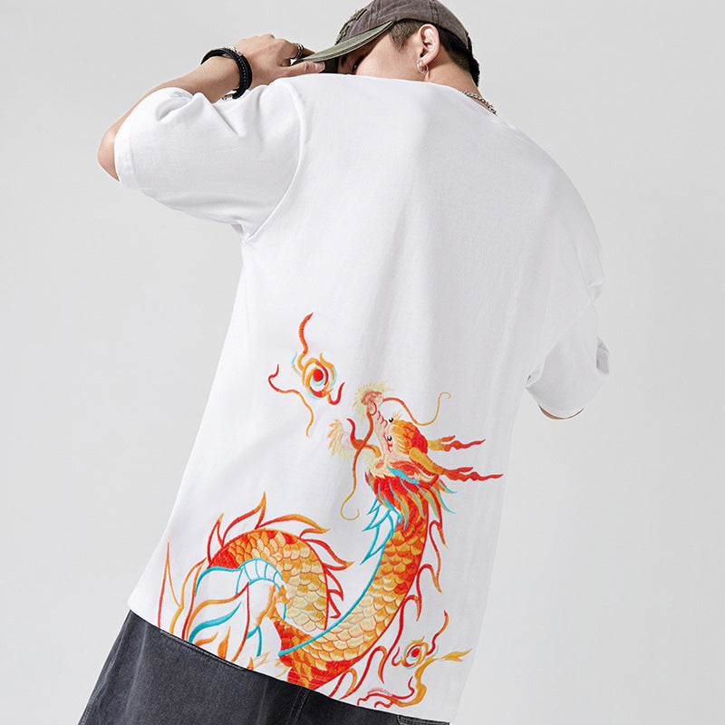 Dragon Totem Embroidery 100% Cotton Round Neck Chinese T-shirt