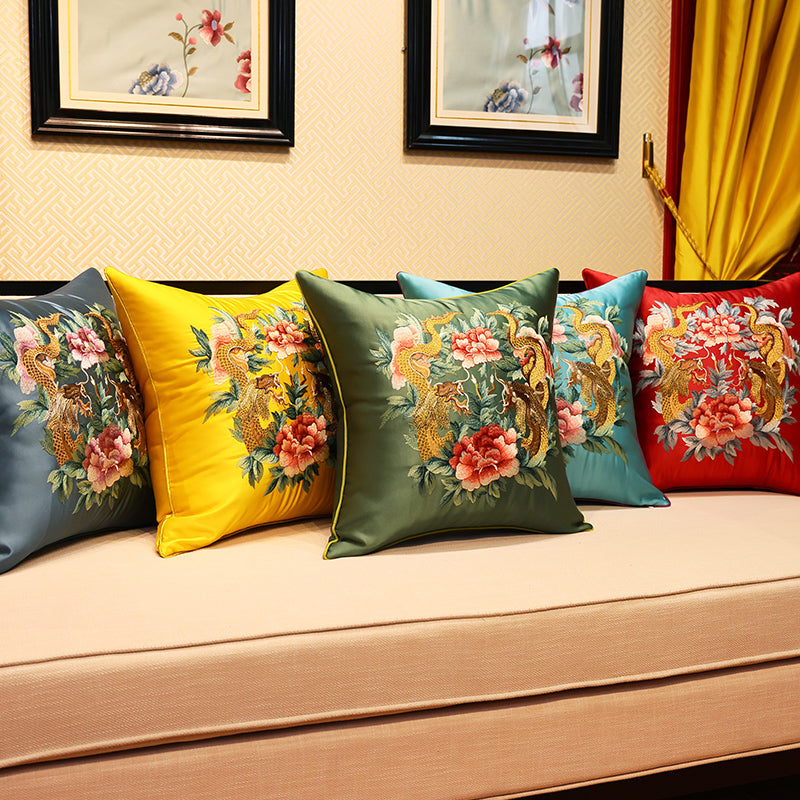 Dragons & Peony Embroidery Brocade Traditional Chinese Cushion Covers