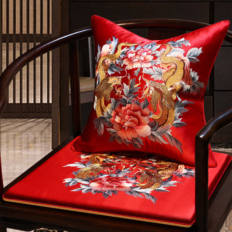 Dragons & Peony Embroidery Brocade Traditional Chinese Seat Cushion