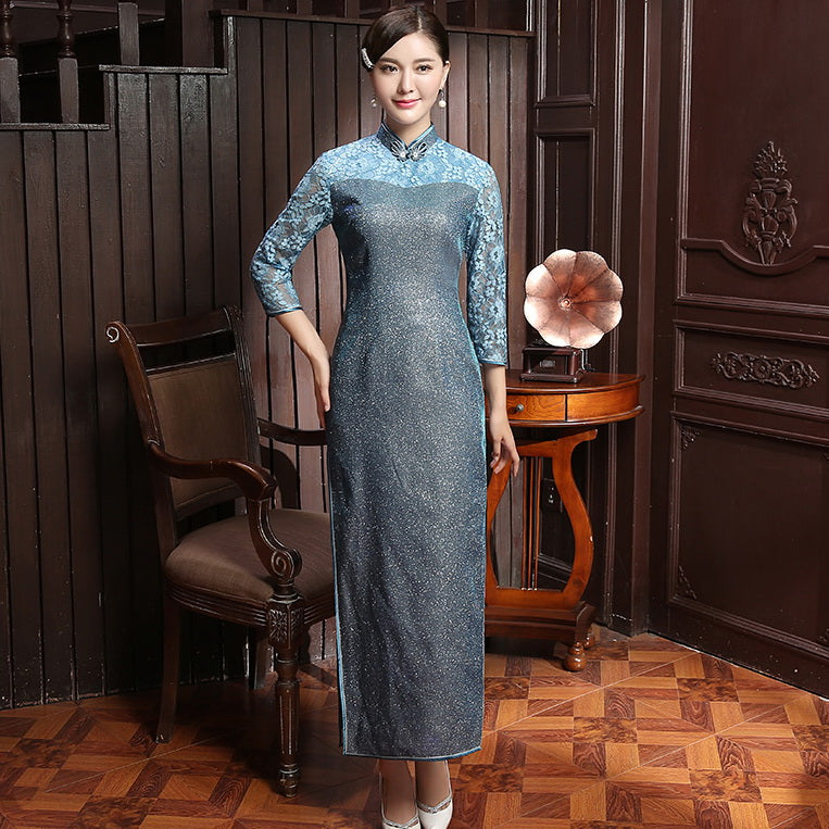 Elegant Blue Lace Joint Illusion Neck & Sleeve Full Length Cheongsam