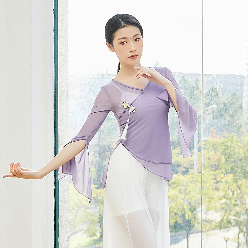 Elegant Chinese Style Classical Dance Costume Yoga Wear with Trumpet Sleeves