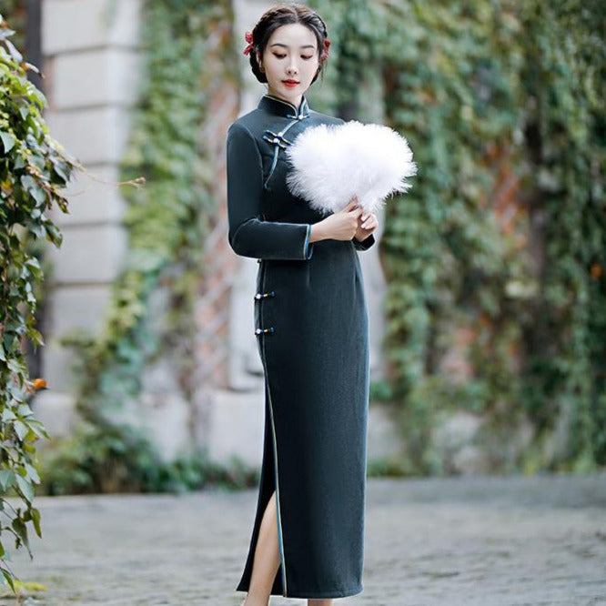 Elegant Mink Cashmere Cheongsam Full Length Mother Dress