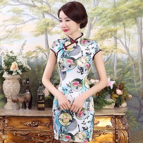 Elegant Silk Blend Knee Length Floral Cheongsam Evening Dress