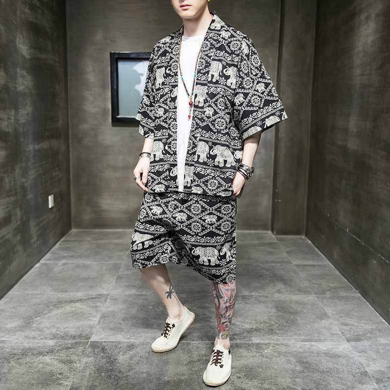 Elephant Pattern Chinese Style Casual Kimono Suit