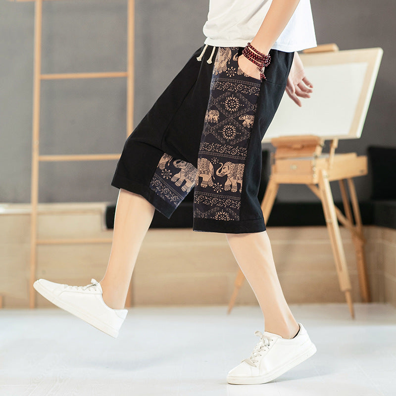 Elephant Pattern Linen Beach Pants Loose Pants Chinese Style Shorts