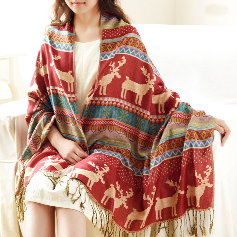 Elk Pattern Soft & Warm Pleuche Scarf Shawl with Tassels