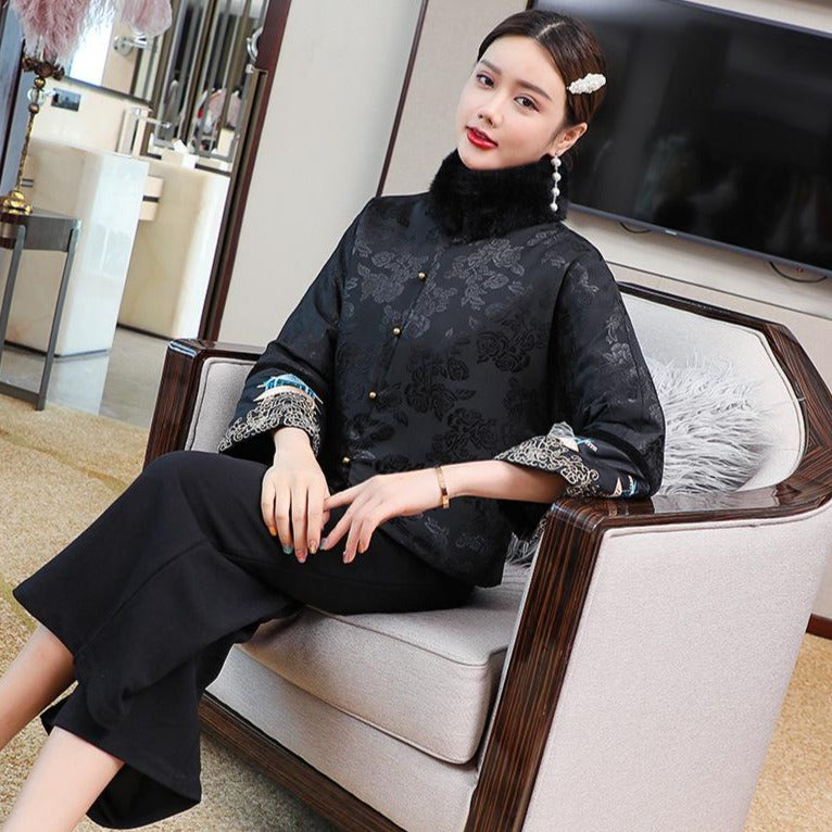 Embroidery Mandarin Sleeve Chinese Style Wadded Coat Casual Jacket