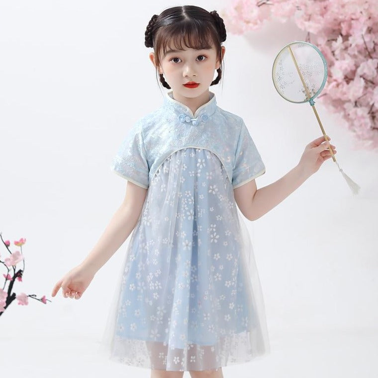 Empire Waist Cheongsam Top Floral Lace Princess Style Girl's Chinese Dress