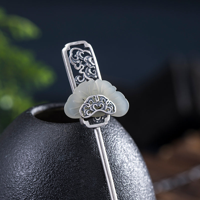 Fan Shape Jade Floral Sterling Silver Retro Chinese Style Hairpin