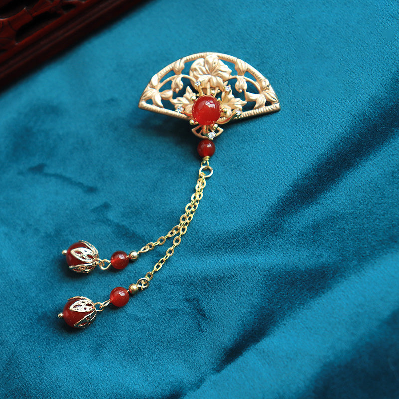 Fan with Tassel Designed Retro Red Agate Gilding Brooch