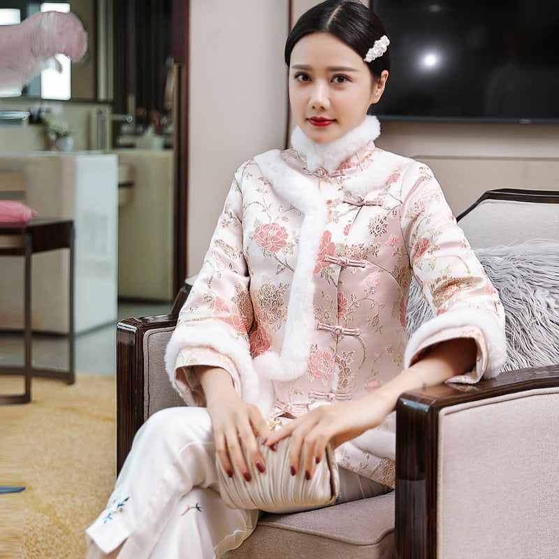 Fancy Cotton Fur Edge Chinese Style Floral Wadded Coat