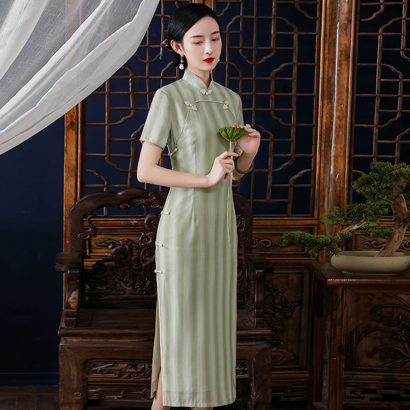 Fancy Cotton Tea Length Traditional Cheongsam Striped Chinese Dress