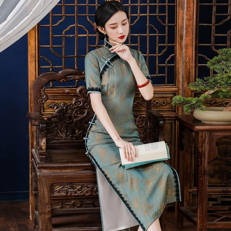 Fancy Cotton Traditional Cheongsam Chinese Dress with Floral Lace Edge