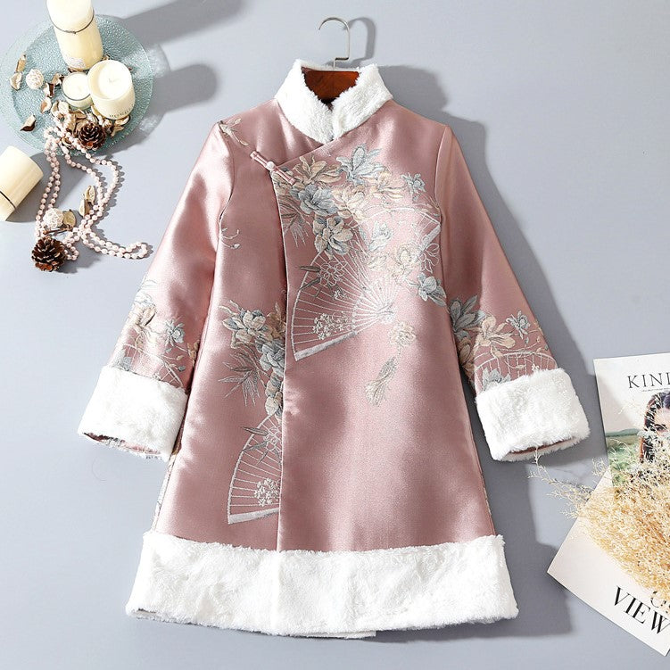 Fans & Floral Pattern Fancy Cotton Fur Edge Women's Chinese Style Wadded Coat