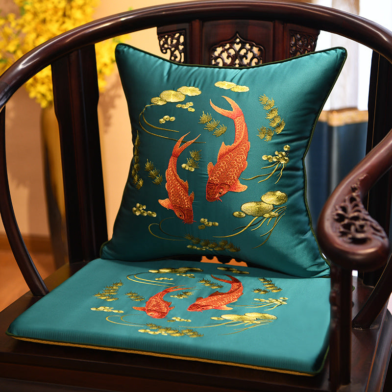 Fish Embroidery Brocade Traditional Chinese Seat Cushion