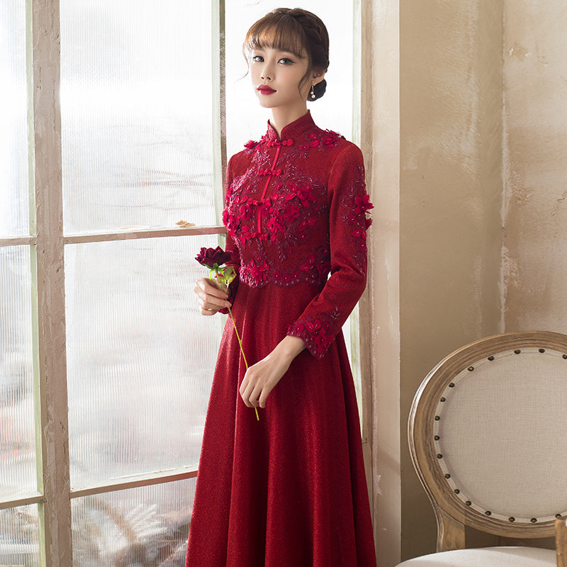 Floral Applique Long Sleeve Mandarin Collar Velvet Oriental Evening Dress