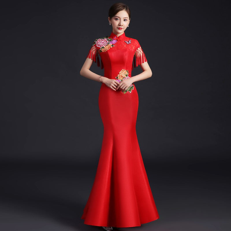 Floral Appliques Lace Neck Mermaid Chinese Prom Dress with Tassels