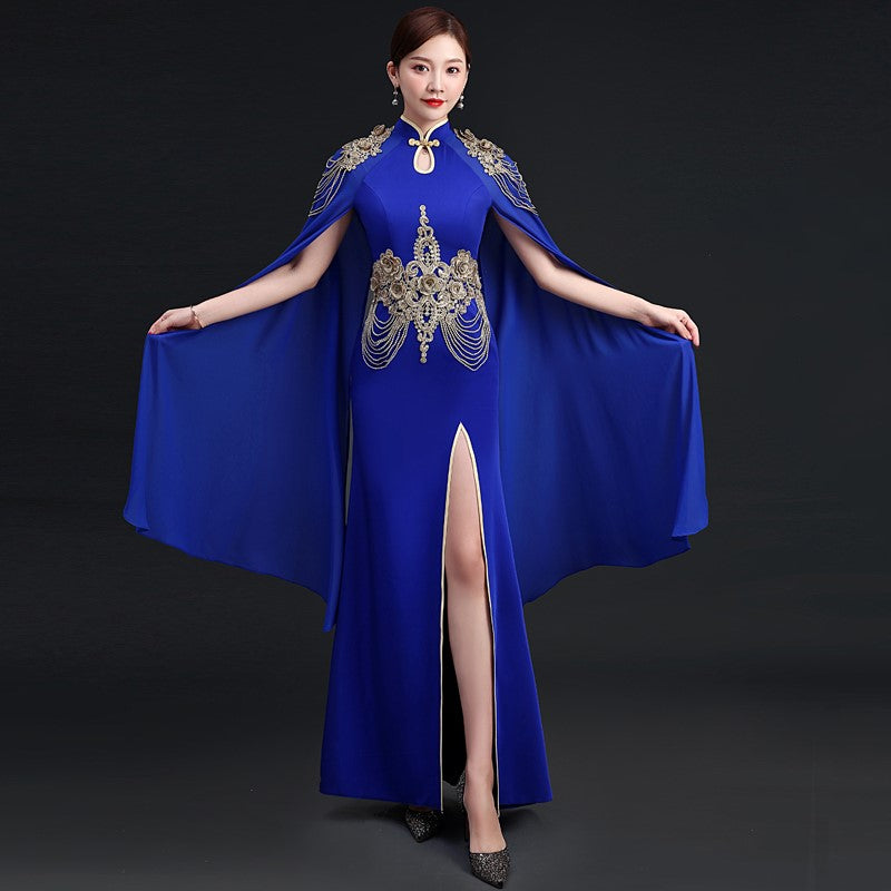 Floral Appliques Mermaid Chinese Prom Dress with Billowing Sleeves