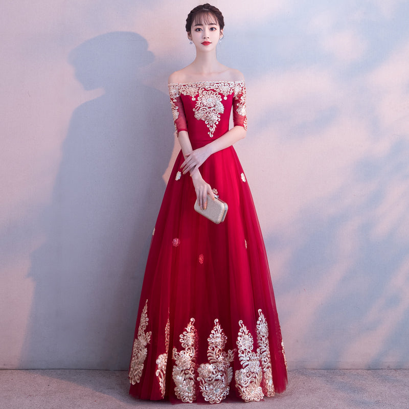 Floral Appliques Off-the-Shoulder A-Line Oriental Evening Dress