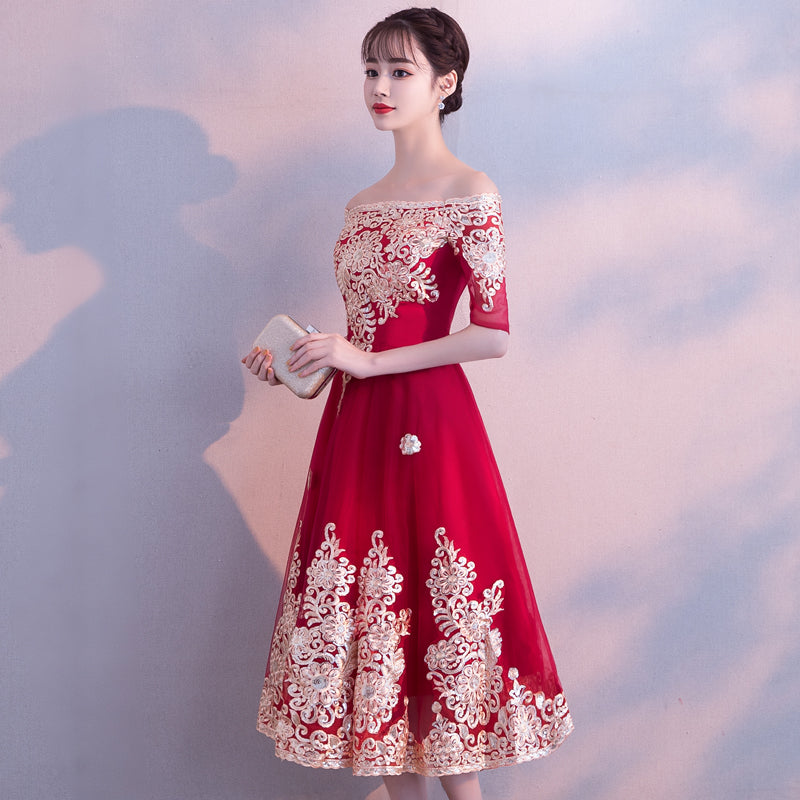 Floral Appliques Off-the-Shoulder Tea Length A-Line Oriental Evening Dress