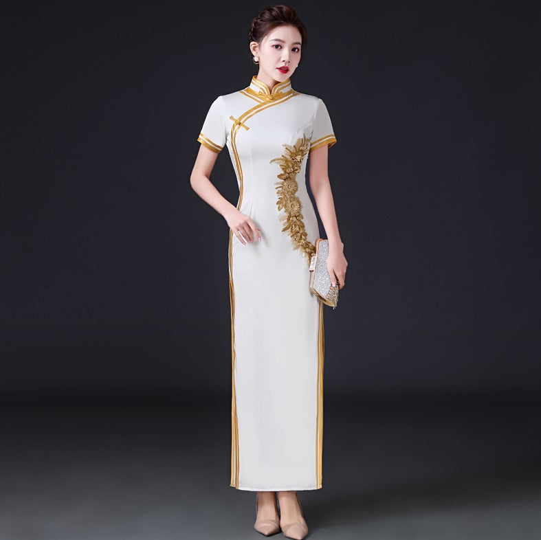 Floral Appliques Short Sleeve Full Length Cheongsam Chinese Prom Dress