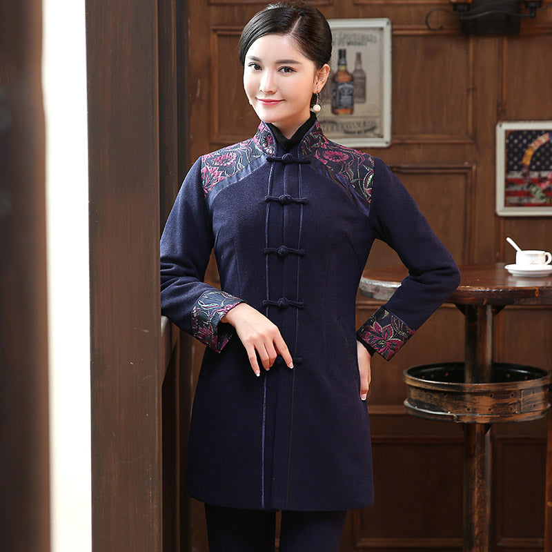 Floral Appliques Shoulder & Cuff Chinese Coat with Strap Buttons